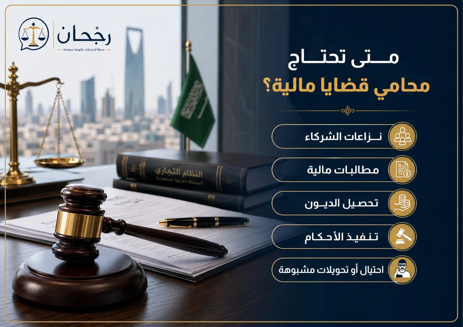 إنفوجرافكس يوضح كيف يساعدك محامي القضايا المالية في الرياض
