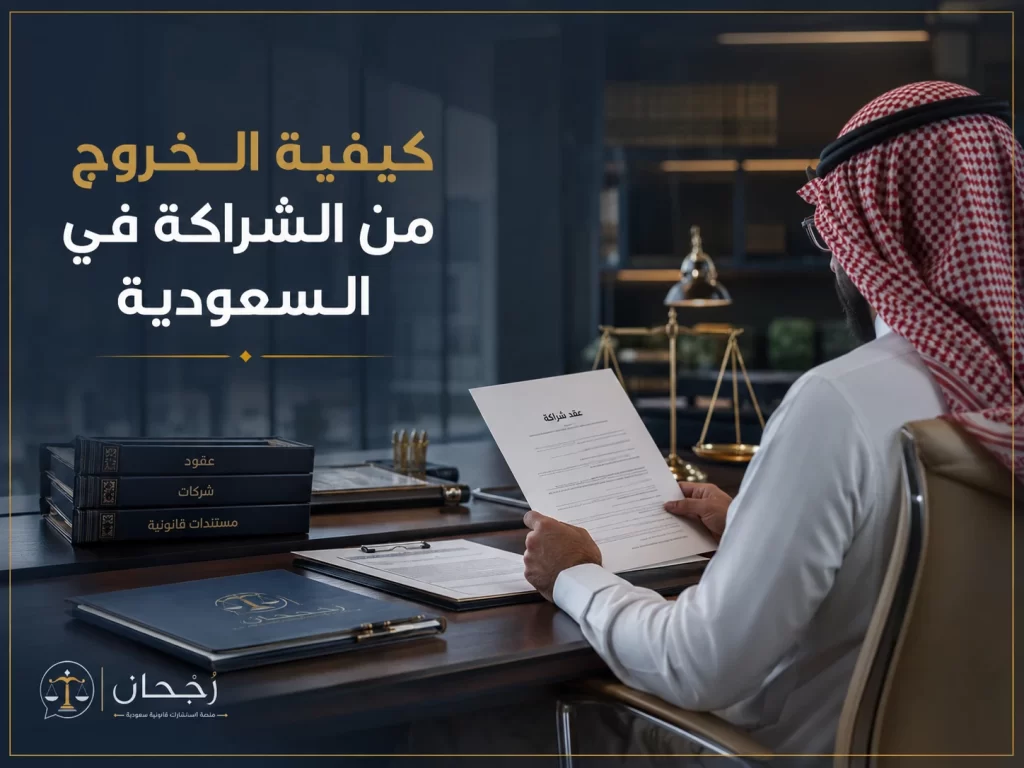 مشهد قانوني سعودي يعبّر عن مراجعة عقد الشراكة واتخاذ قرار الخروج.