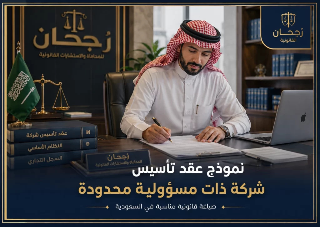 غلاف نموذج عقد تأسيس شركة ذات مسؤولية محدودة في السعودية مع طابع قانوني