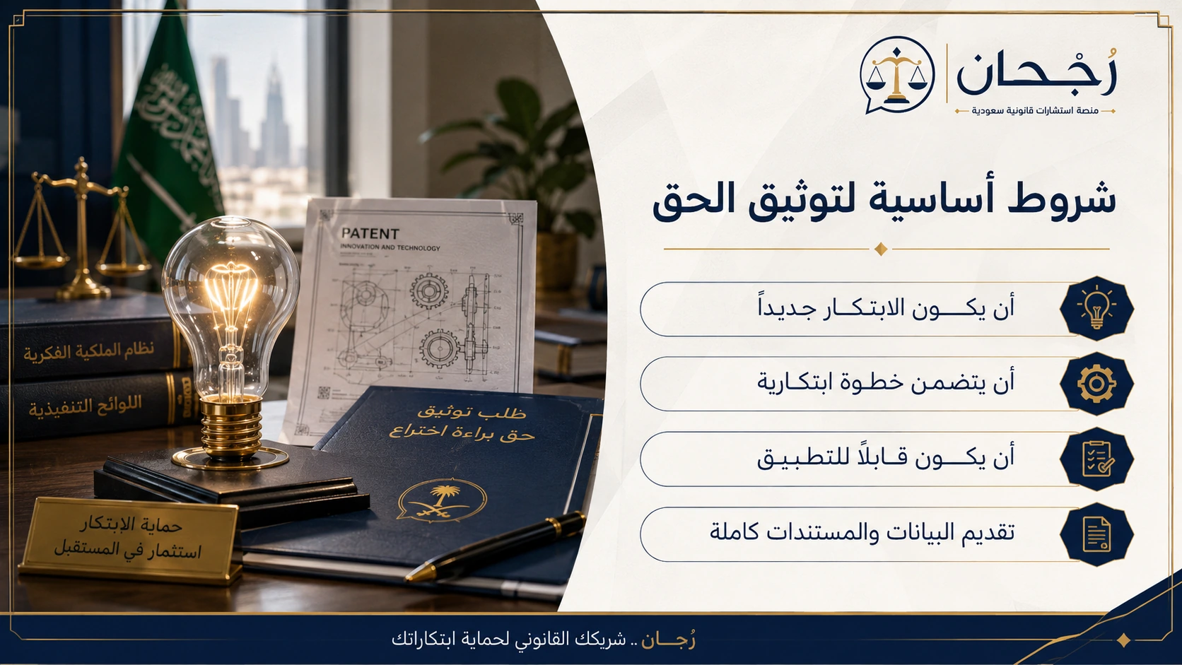 إنفوجرافكس يوضح الشروط الأساسية لتوثيق حق براءة اختراع