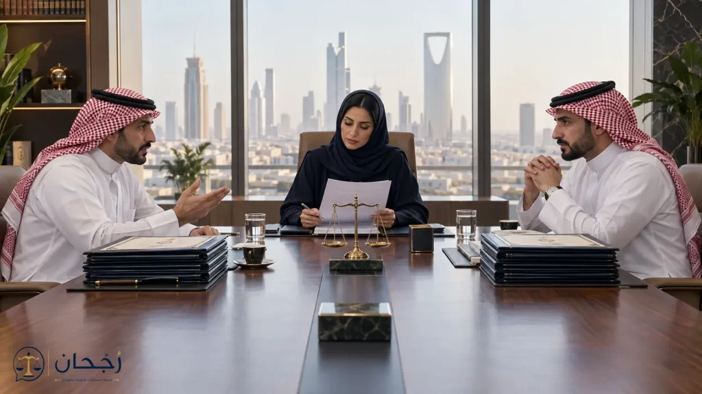شريكان سعوديان متساويان في الملكية يناقشان حل تعطل قرارات الشركة بحضور مستشارة قانونية