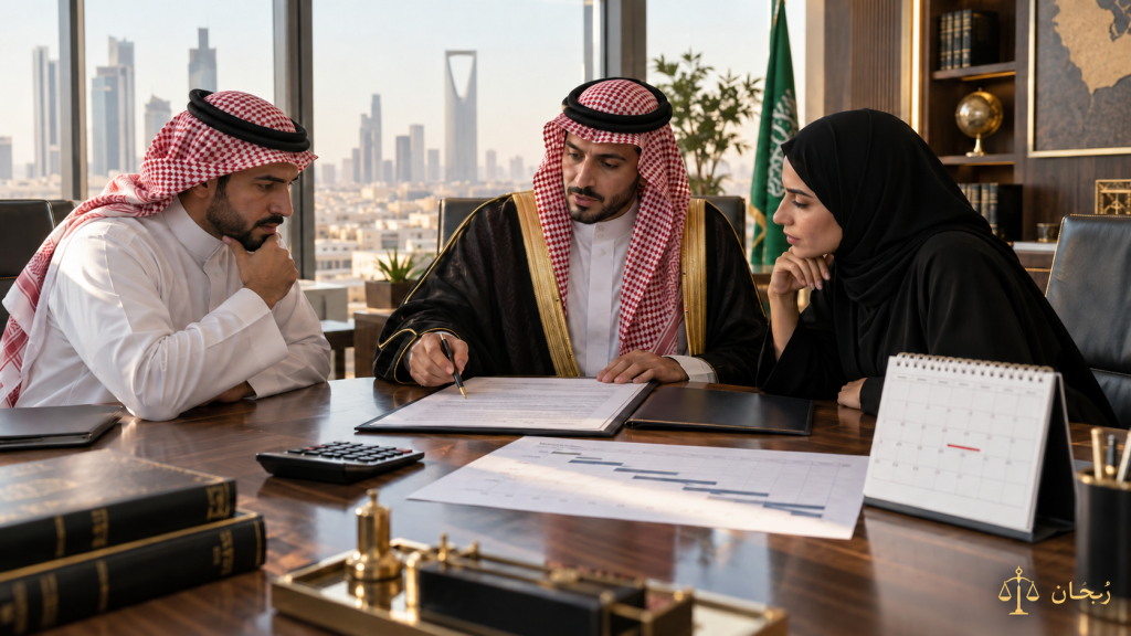 محام سعودي يراجع شرطًا جزائيًا في عقد تجاري بعد تأخر التنفيذ